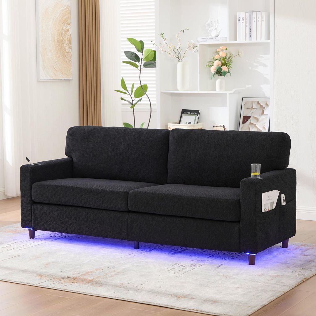 Sweiko Moderner 2-Personen Chenille-Sofa mit USB-C, LED-Ambiente, Getränkehaltern und Seitentaschen. Holz/Metall-Rahmen mit Komfortschaum. Ideal f...
