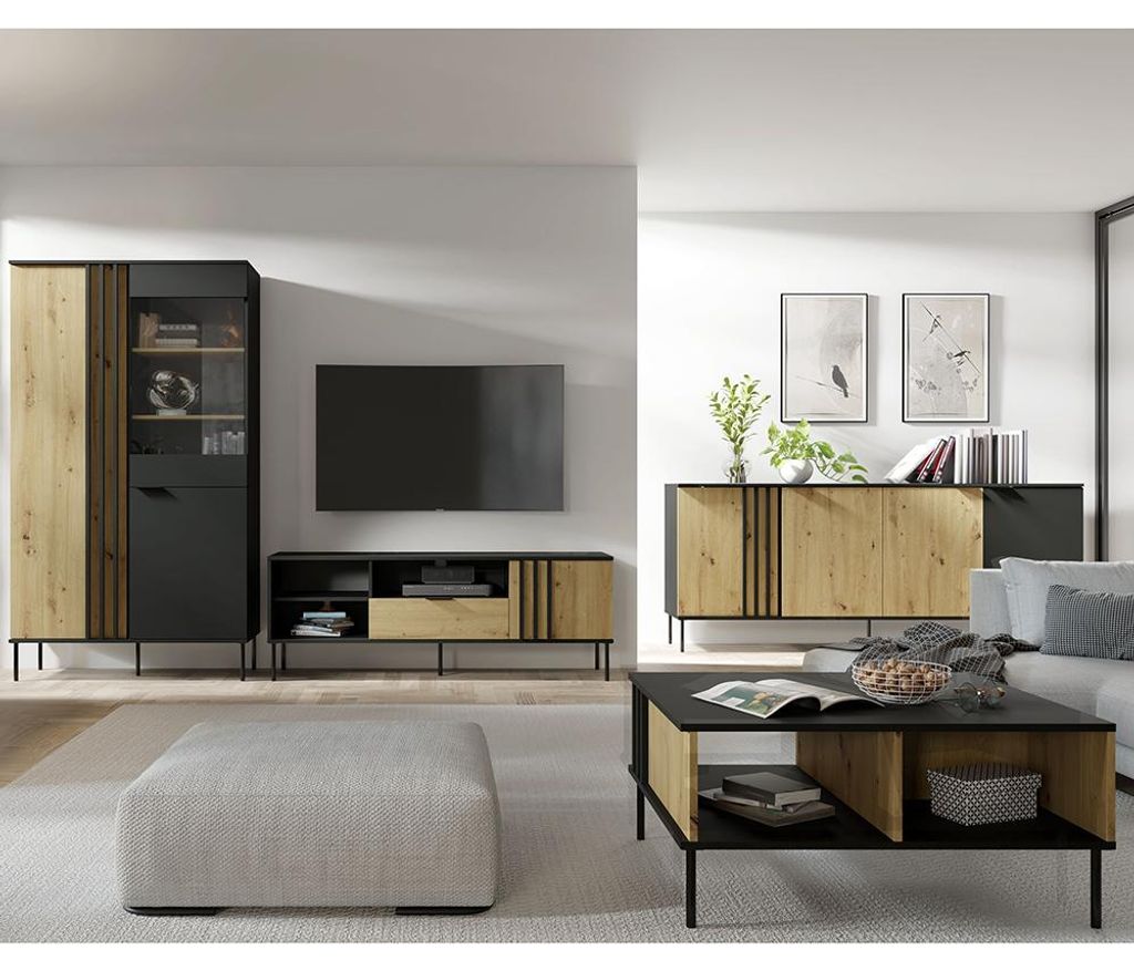 Wohnmöbel-Set in schwarz & Eiche, 4-teilig mit Vitrine & Couchtisch - RAGUSA-166