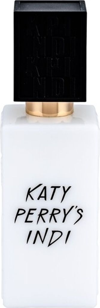 A perfume bottle with a black cap and white body, featuring the brand name in black text.