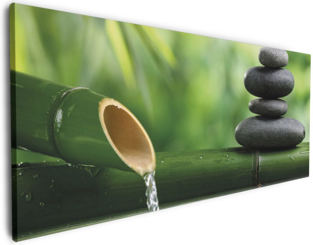Wallario Premium Leinwandbild Steinstapel und Bambus auf dem Wasser in Größe 60 x 150 cm