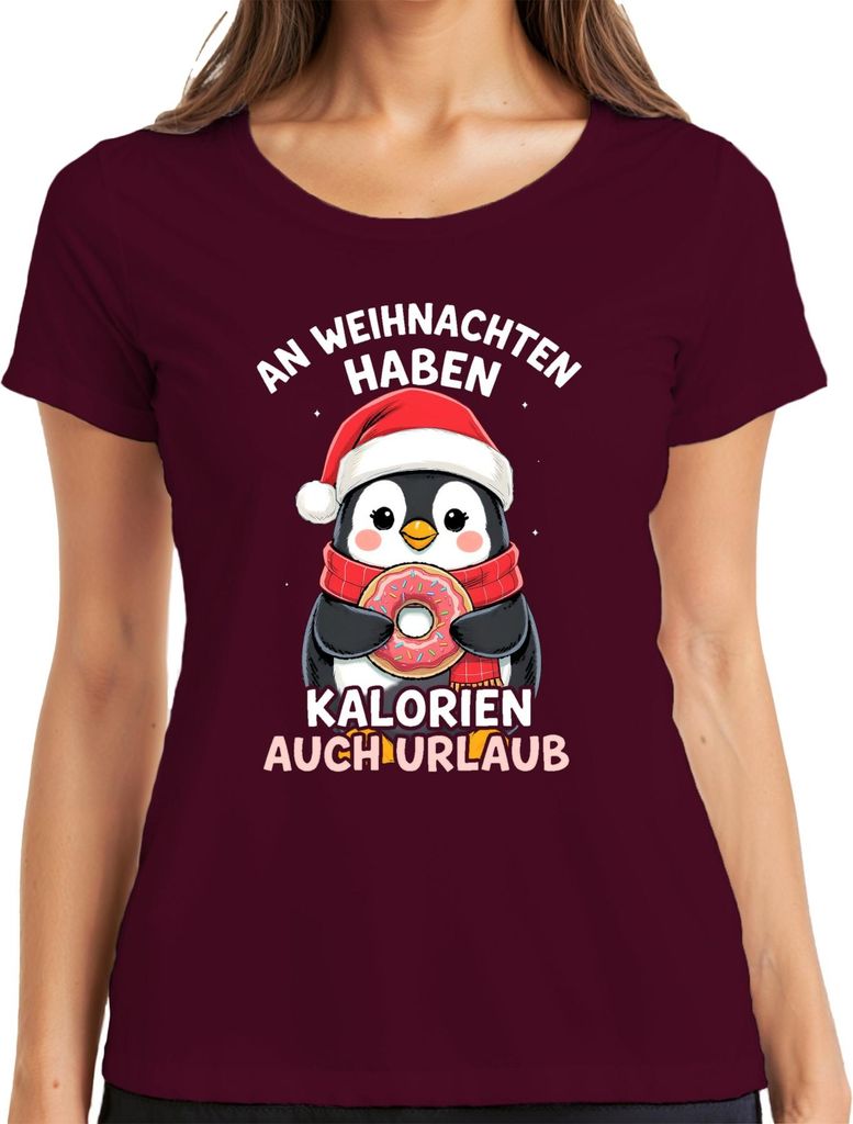 An Weihnachten Kalorien Urlaub Pinguin Donut lustig Geschenk Damen T-Shirt, Burgundy, S