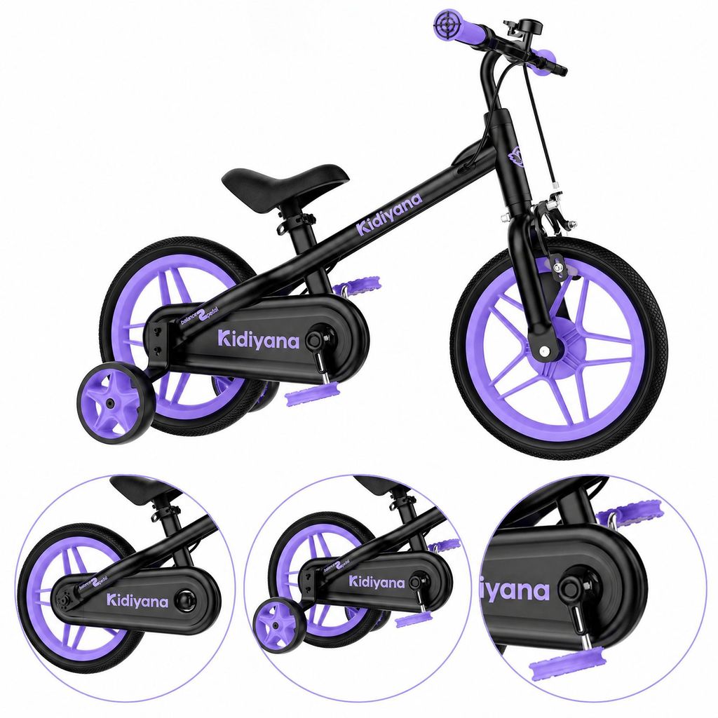 Kidiyana 3 in 1 Kinderfahrrad 12 Zoll Laufrad mit abnehmbaren Pedalen und Stützrädern ab 2 Jahren