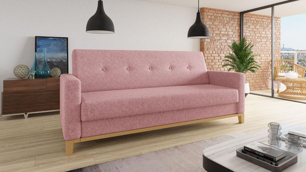 Sofa Wood mit Schlaffunktion - Schlafsofa mit Bettkasten, Bettsofa, Massivholz, Polstersofa mit Holzfüße (Pink (Twist 16))