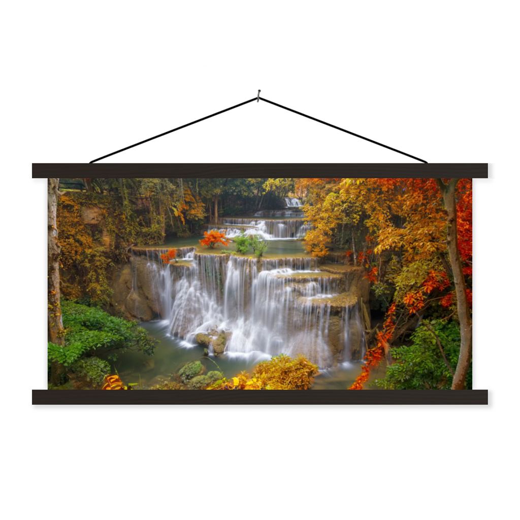 MuchoWow Textilposter Bäume - Wasserfall - Herbst 120x60 cm mit schwarzem Rahmen - Dekoration Schlafzimmer