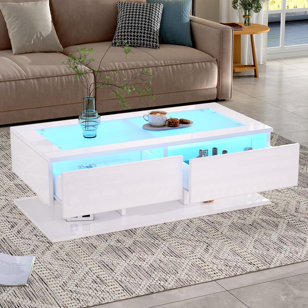 100*50*35cm Couchtisch, Hochglanz Sofatisch, Wohnzimmertisch mit Schubladen, Kaffeetisch mit LED-Licht, Glasplatte, Weiß