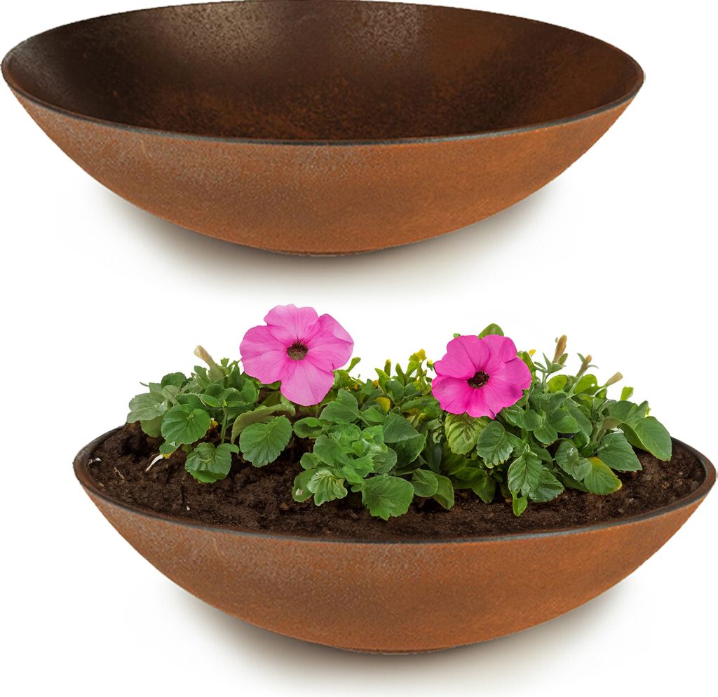Flache Pflanzschalen für draussen Dekoschalen rund Rost-Optik 45 cm