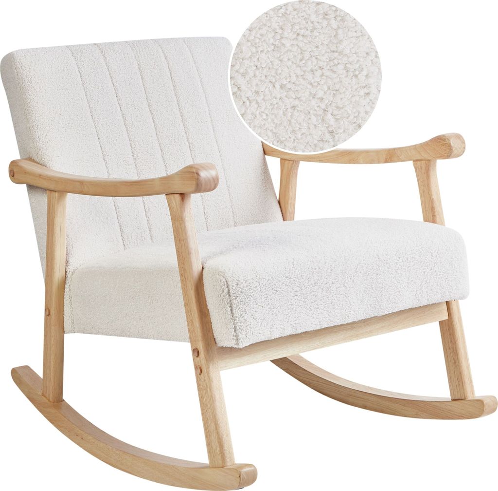 BELIANI Schaukelsessel Cremeweiß aus Bouclé Stoff Gepolstert mit Armlehnen Gummibaumholz Beine Hellbraun Wohnzimmer Babyzimmer Schaukelstuhl