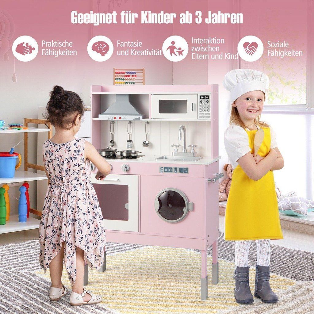 Kinderküche aus Holz mit Spielzubehör & Geräuschen & Lichtern rosa