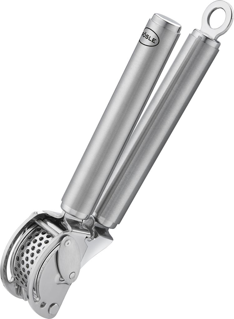A stainless steel garlic press is shown against a white background.