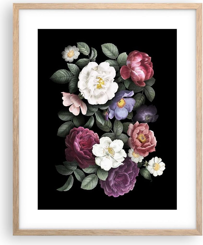 Gerahmtes Poster - Rahmen in heller Eiche - Blumen Blumenstrauß Komposition - 40x50 cm - Wand Bild - Wanddeko - Wandbilder - Kunstposter - Wandpos...