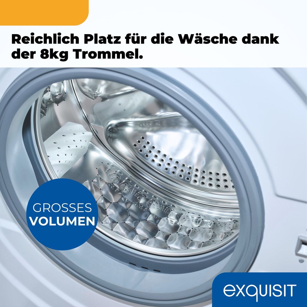 Exquisit Waschmaschine 8kg, Startzeitvorwahl, 47 cm tief, Energieklasse A, 11 Waschprogramme, Kindersicherung, 1400 U/min, WA8014-370A weiss