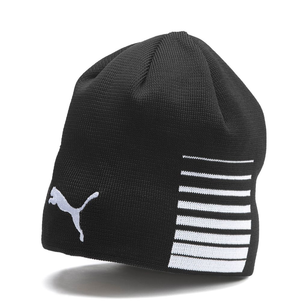 A black Puma beanie with white accents and logo, shown against a white background.