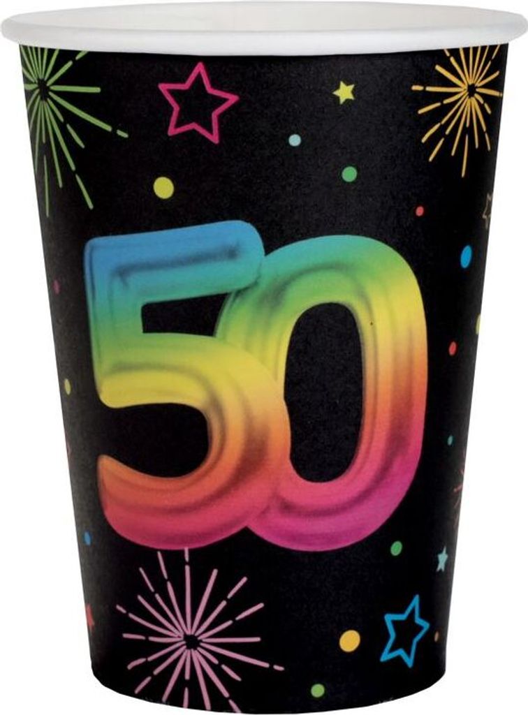 6 Papp-Becher Geburtstag 50 schwarz bunt