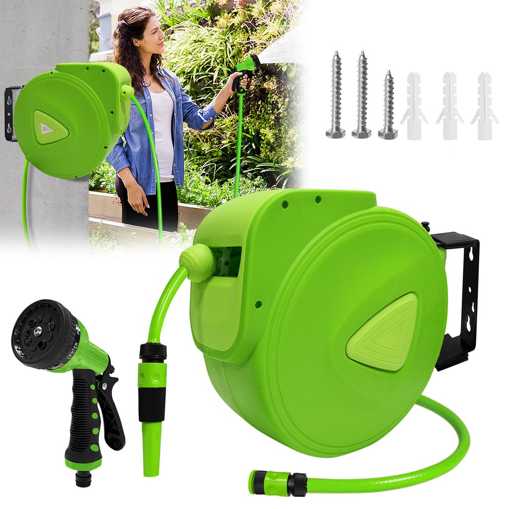 XMTECH 20M Schlauchtrommel Automatik Schlauch Wandmontage 180° Schwenkbarer Schlauchaufroller Gartenschlauch mit Handbrause, Grün