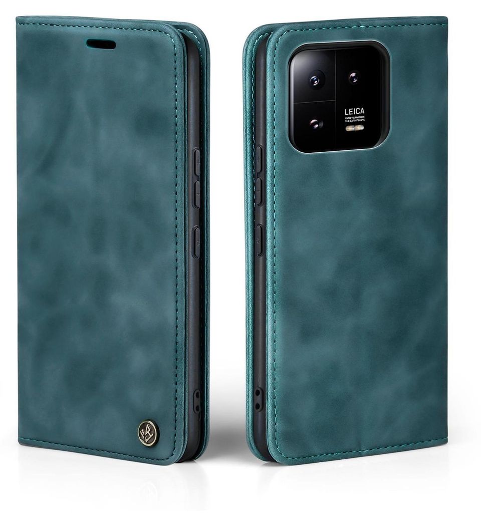 A teal flip case for a smartphone is shown from two angles, open and closed.