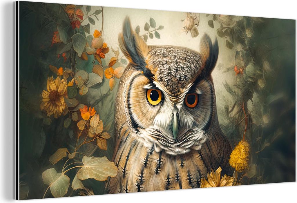 MuchoWow Wanddekoration Metall Metallbild Wandkunst 120x60 cm Eule - Vögel - Blumen - Natur MuchoWow Aluminium Gemälde - Metalbilder