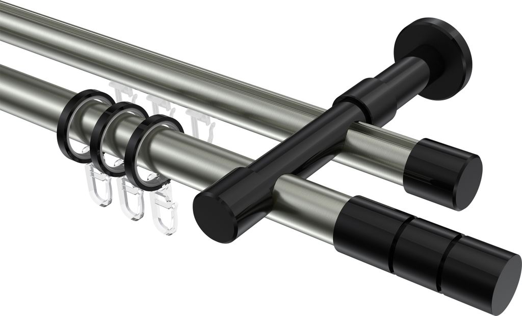 Interdeco Rundrohr-Innenlaufstange / Gardinenstange (Kombination) Edelstahl-Optik / Schwarz, Typ Prestige Elanto (Rillenzylinder), 20 mm Ø 2-läuf...