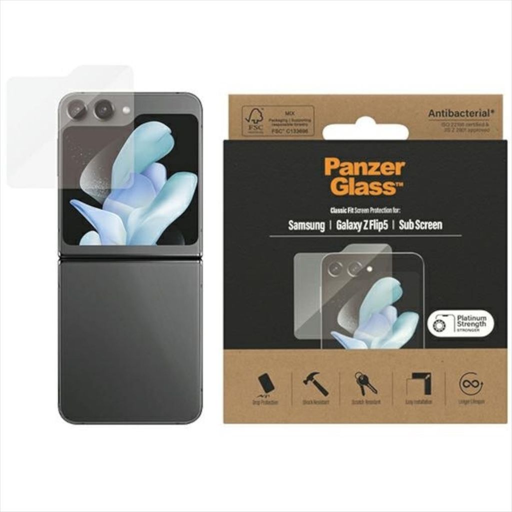 A product shot showing a foldable smartphone with a screen protector applied, next to its packaging.