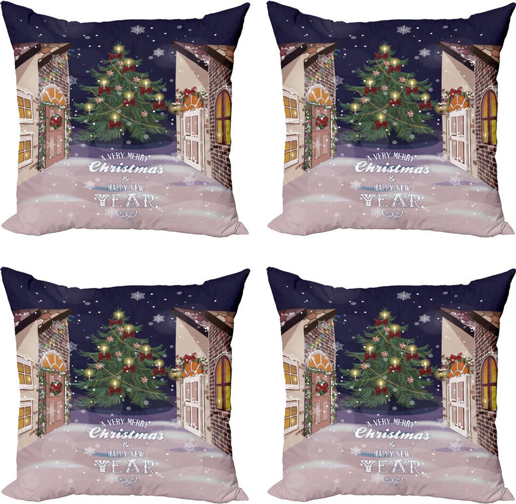 ABAKUHAUS Weihnachten Kissenbezug Set (4 Stück), Snowy Streets Carol, Moderner Doppelseitiger Digitaldruck, 45 cm x 45 cm, Mehrfarbig