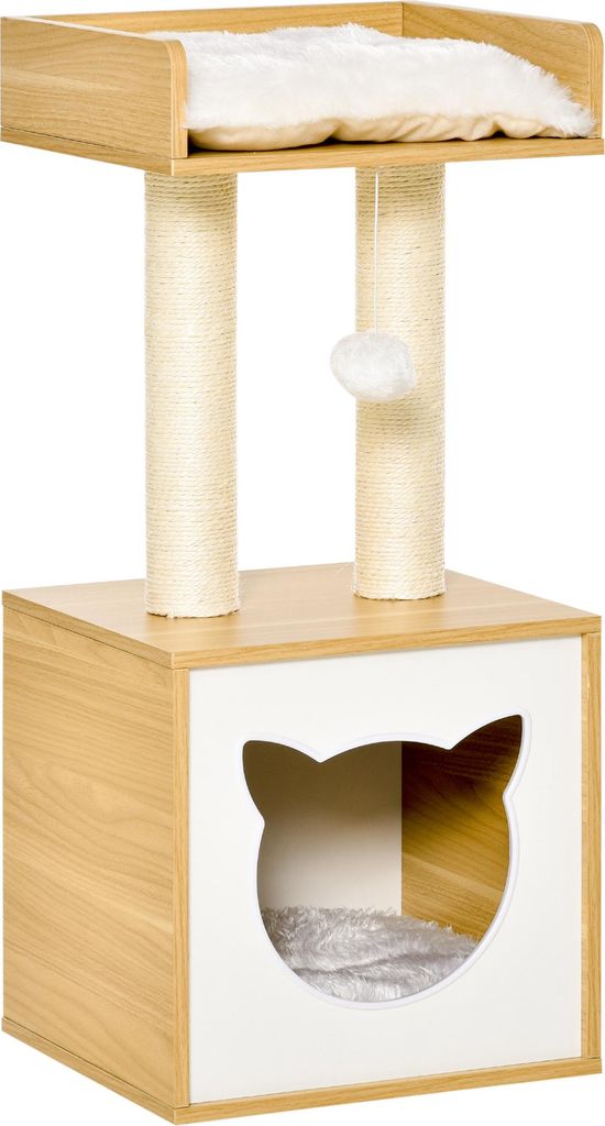 Katzenhöhle mit 2 Kissen, Katzenbaum mit Spielzeugkugel, Sisal Natur, 35x35x81 cm, Katzenbett und Spielhaus für Katzen