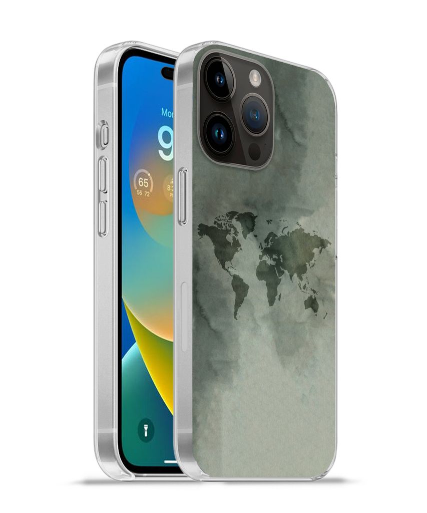 MuchoWow Handyhülle Schutzhülle Hülle für Apple iPhone 14 Pro Max Weltkarte - Grün - Grau Silikon Softcase Handy Hülle - Hardcover