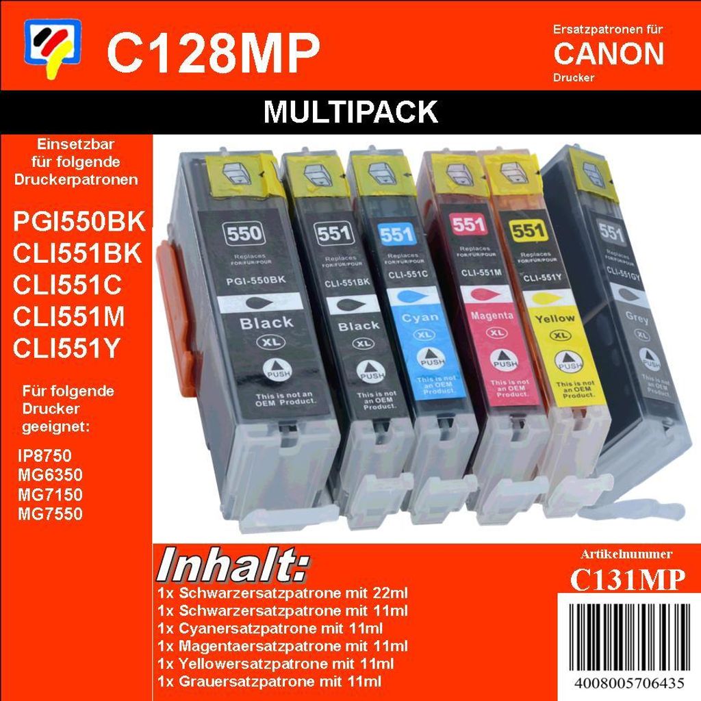 PGI550/CLI551 Dr. Inkjet Multipack mit 6 Patronen inkl. grau