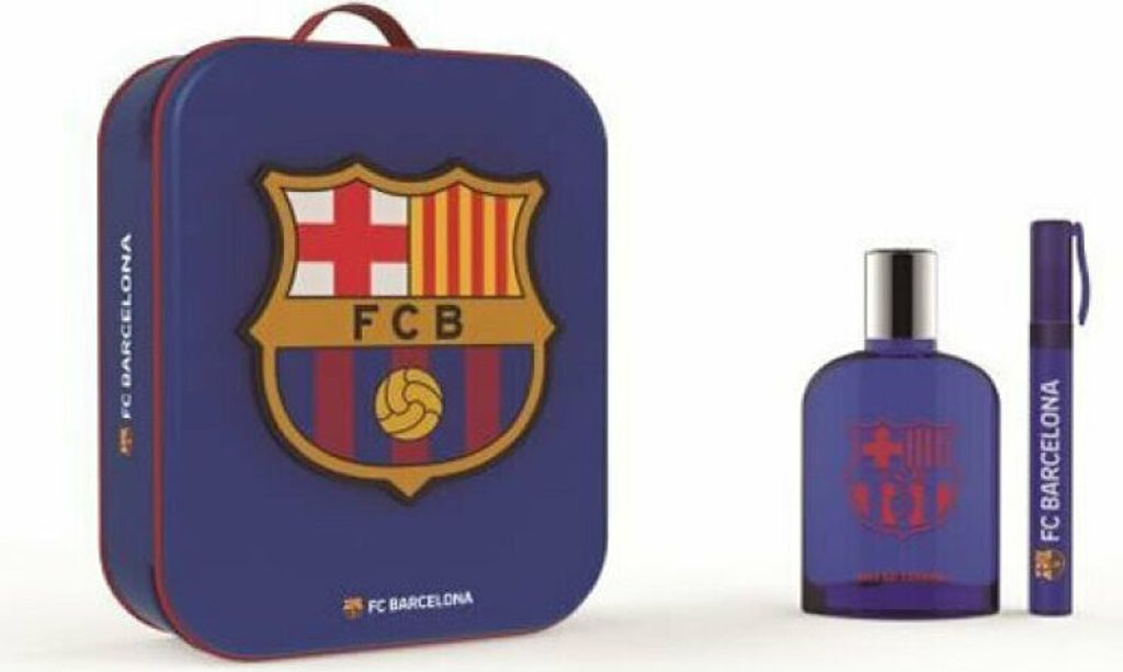 A gift set for FC Barcelona fans, featuring a tin case, a perfume bottle, and a travel-sized spray.