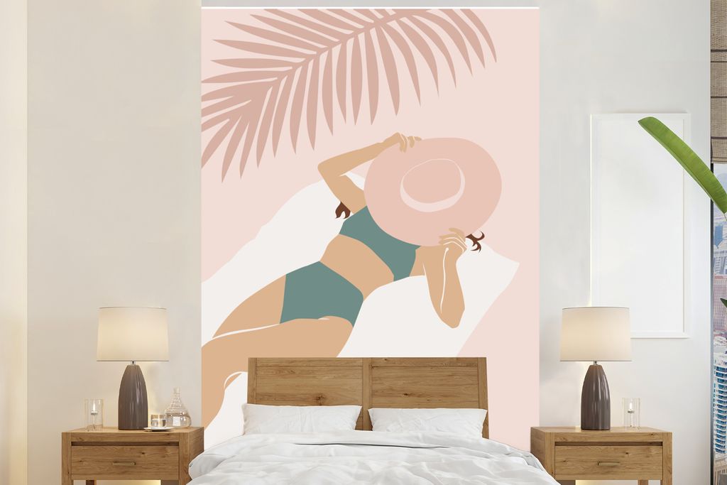 MuchoWow Fototapete für Wohnzimmer oder Schlafzimmer Wandtapete Vinyl Motivtapete Frau - Hut - Strand - 225x350 cm - Schlafzimmer tapete