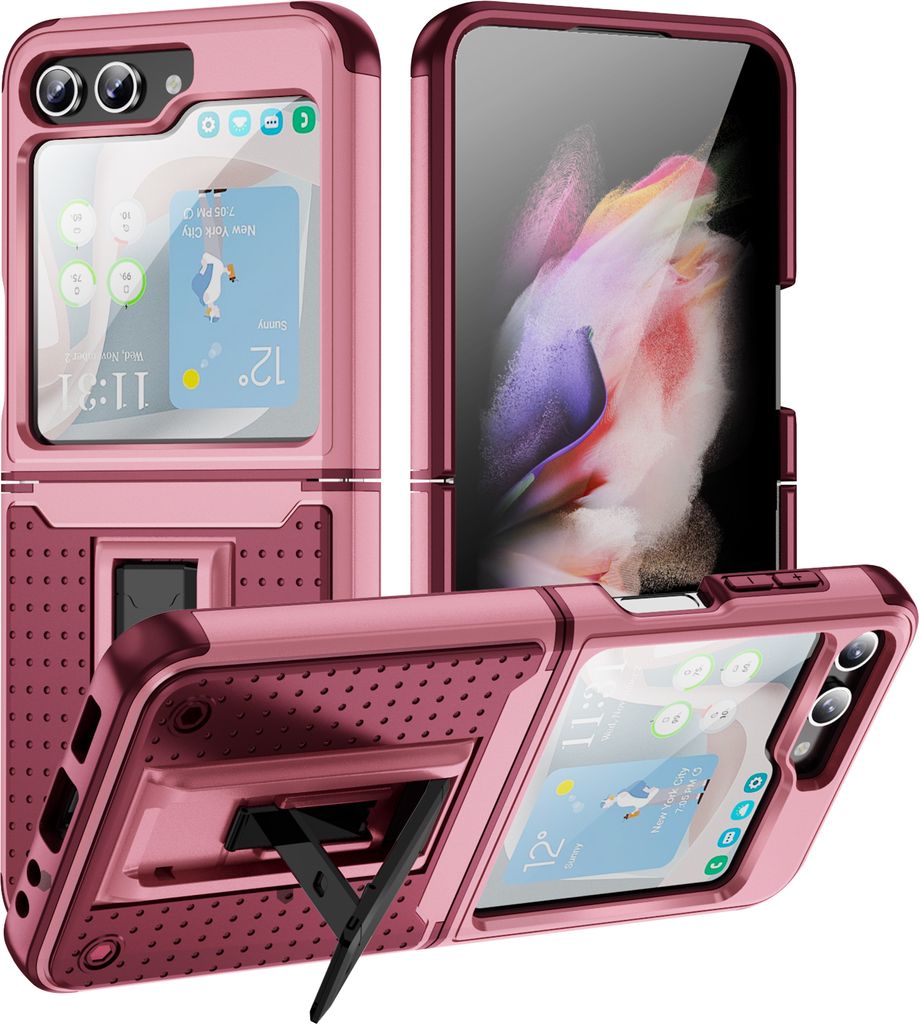 Hülle Für Samsung Galaxy Z Flip 5 Militärqualität Stoßfest Hybrid 2 in 1 Hart PC Weich TPU Handyhülle Pink Rot