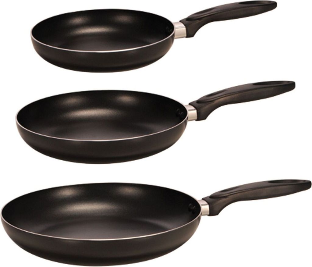 Three black frying pans are stacked vertically against a white background.