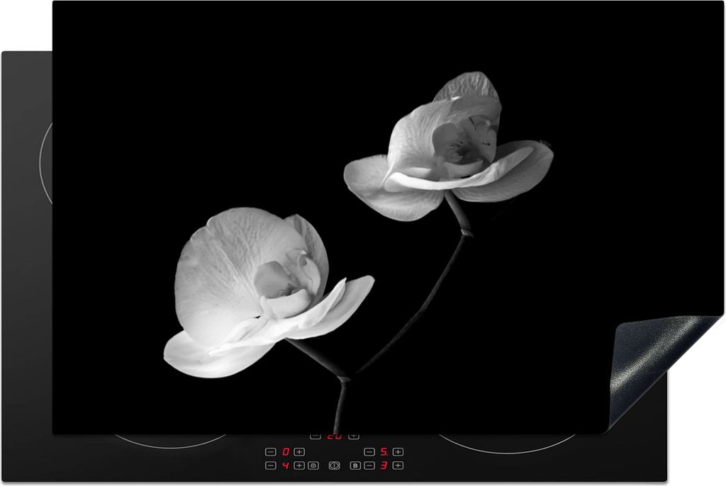 KitchenYeah Herdabdeckplatte Orchidee - Blumen - Schwarz - Weiß - Stilleben , 81x52cm, Küche Deko, Glaskeramikfeld Herdabdeckung, Abdeckplatte ...