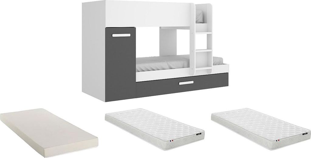 Etagenbett mit Kasten, 3 × 90 × 190 cm - Anthrazitweiß, mit Matratze - ANTHONY