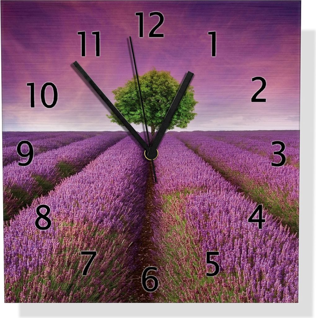 Wallario Design Wanduhr Lila Blumenfeld aus Aluverbund, Größe 30 x 30 cm