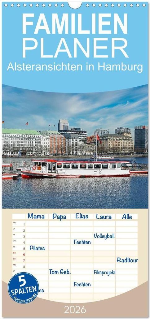Familienplaner 2026 - Alsteransichten in Hamburg mit 5 Spalten (Wandkalender, 21 x 45 cm) CALVENDO