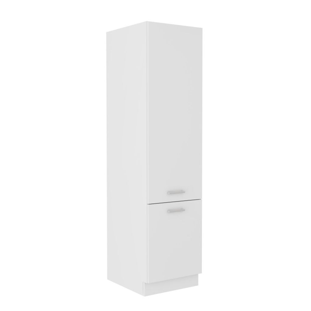 A white kitchen cabinet with two doors and two handles, shown against a white background.