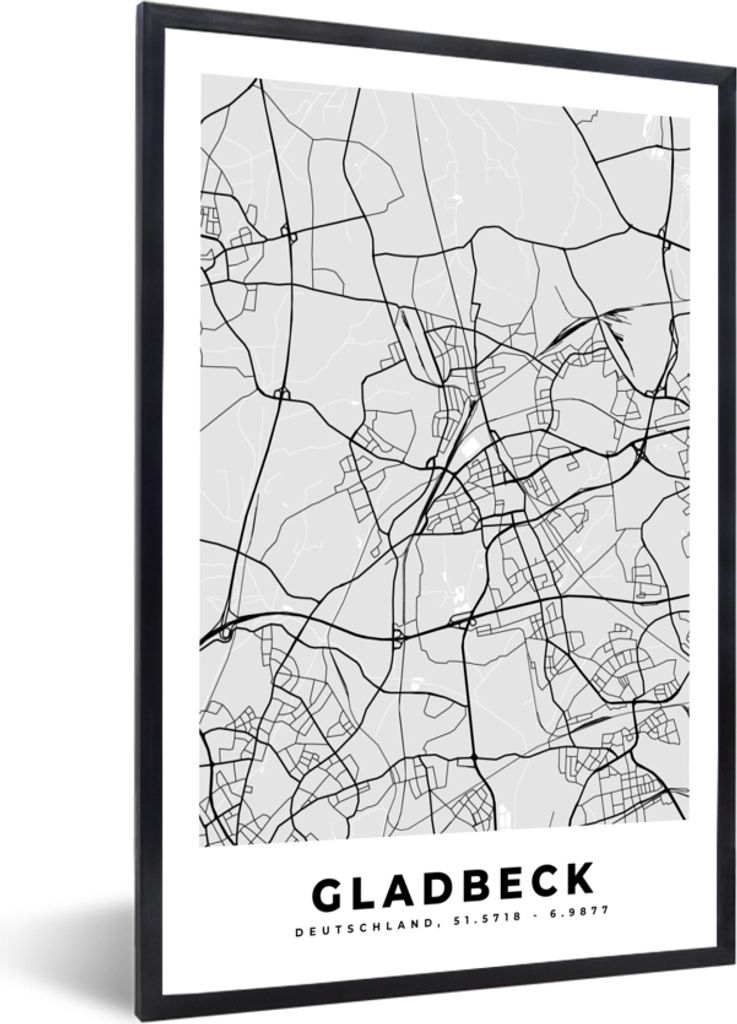 MuchoWow Gerahmtes Poster Karte - Deutschland - Gladbeck - Stadtplan 60x90 cm - Poster mit Schwarzem Bilderrahmen Wandposter Rahmen Foto Bilder -...