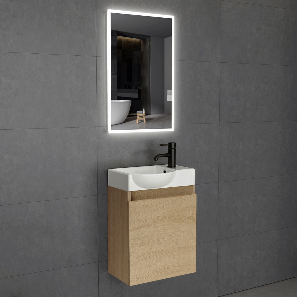 Alpenberger Badezimmermöbel Set | Gäste WC Waschtisch mit Unterschrank | Badschrank Schmal mit Badspiegel | Badezimmer Spiegel mit Beleuchtung | ...