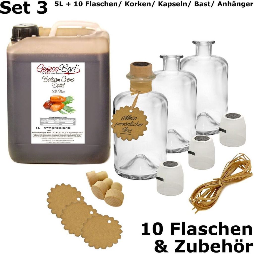 Balsamico Creme Dattel 5L + 10 Flaschen, Korken, Kapseln, Bast & Anhänger Mit orig. Crema di Aceto Balsamico di Modena IGP