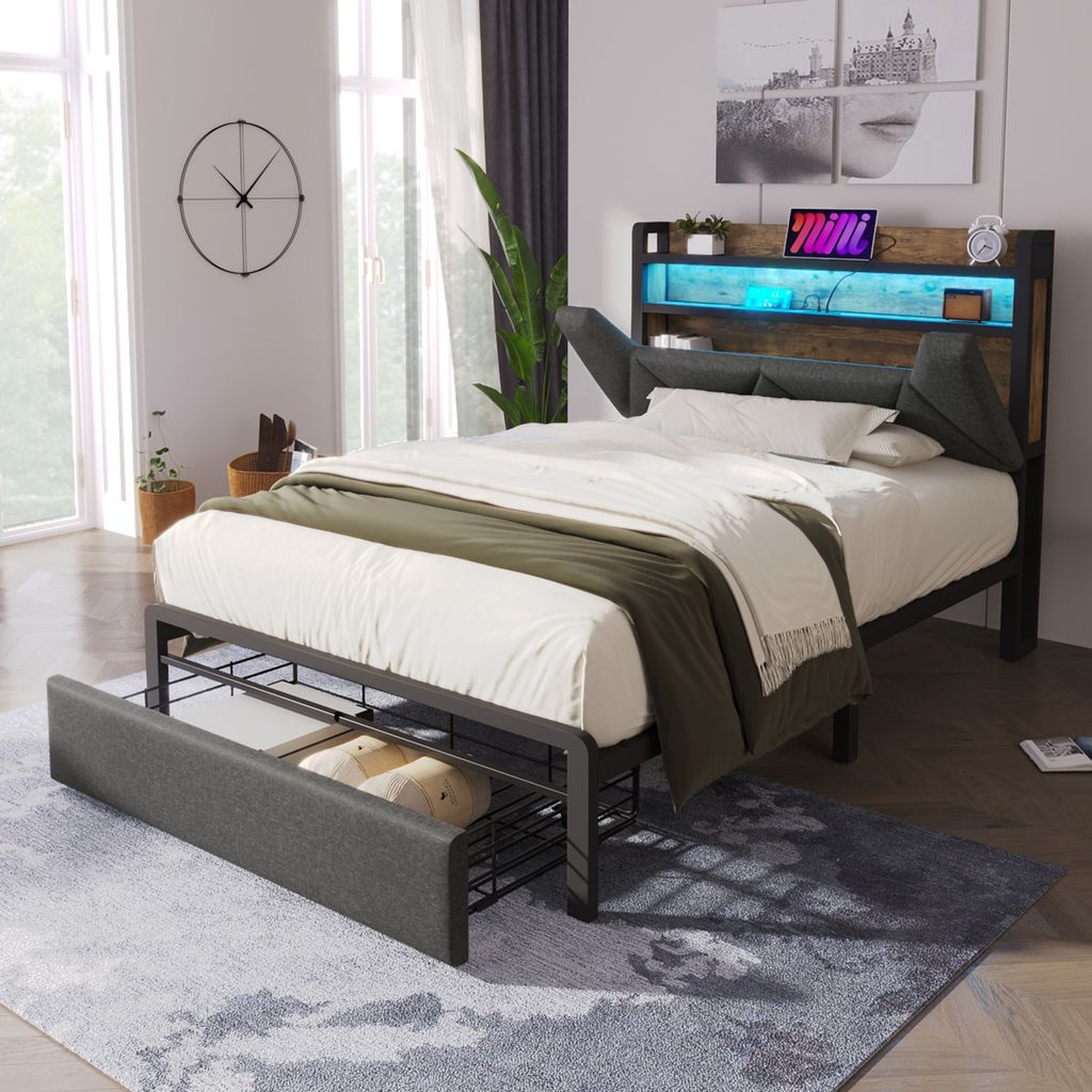 Flieks Polsterbett 90x200cm mit USB und Typ C, Stauraumbett Metallbett mit Lattenrost, Jugendbett Einzelbett mit LED und Schublade, Leinen, Grau
