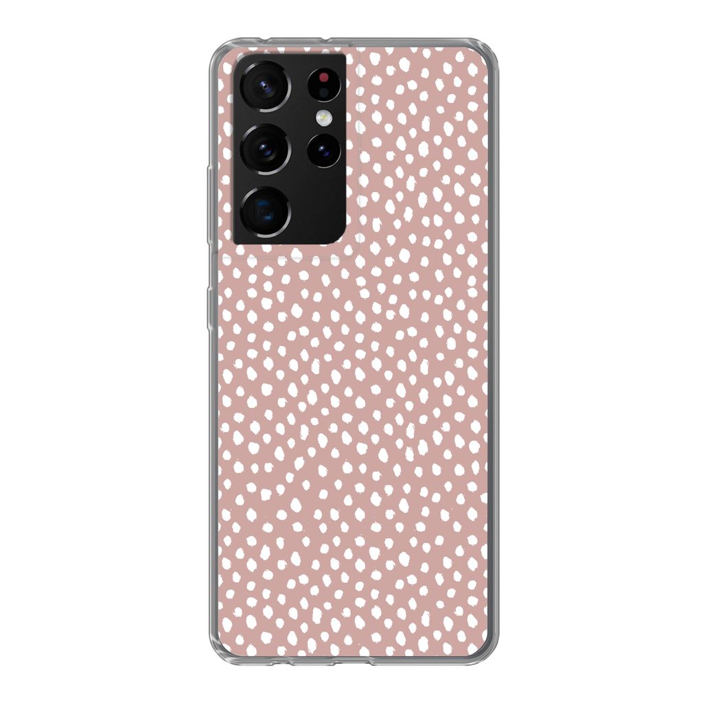 MuchoWow Handyhülle Schutzhülle Hülle für Samsung Galaxy S21 Ultra Polka dots - Weiß - Rosa Silikon Softcase Handy Hülle - Mobiltelefon
