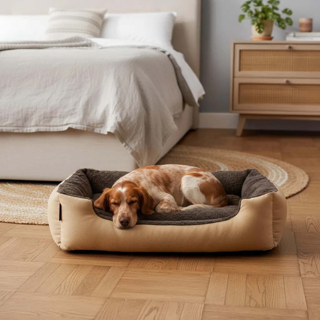 Lit Chien Antidérapant avec Coussin Réversible Douillet Beige / Marron - 2