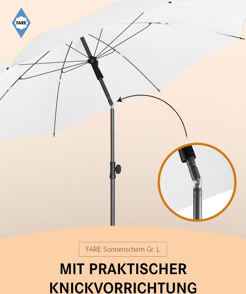FARE Sonnenschirm L Höhenverstellbar Knickvorrichtung Lichtschutzfaktor UPF 50+ 200cm, Farbe:Weiß
