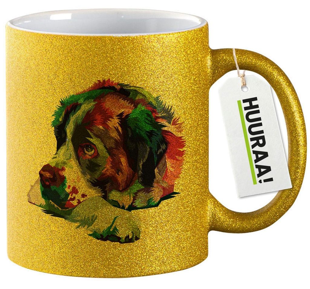 Huuraa Glitzertasse Bernhardiner Colorful 330ml Gold Keramik Kaffeebecher Geschenkidee