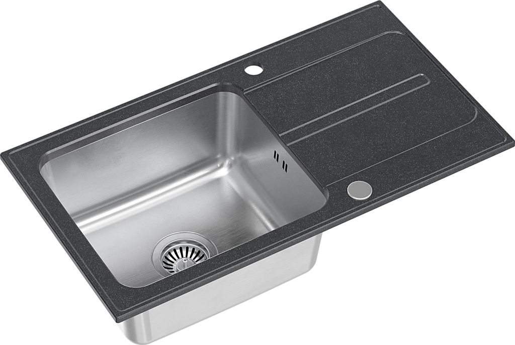 QUADRON Spülbecken 1-Becken Spüle | Größe: 78 x 43 x 20 cm | RALPH 111 | Küchenspüle Granit & Edelstahl mit Siphon | Schwarz & Stahl