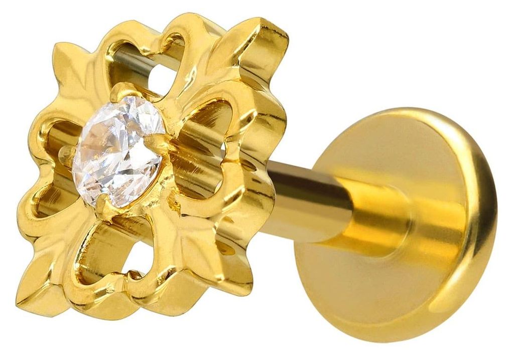 Ohrpiercing, Nasenpiercing Titan Labret mit Innengewinde KLEEBLATT Gold Stablänge: 10mm | Stabstärke: 1,2mm