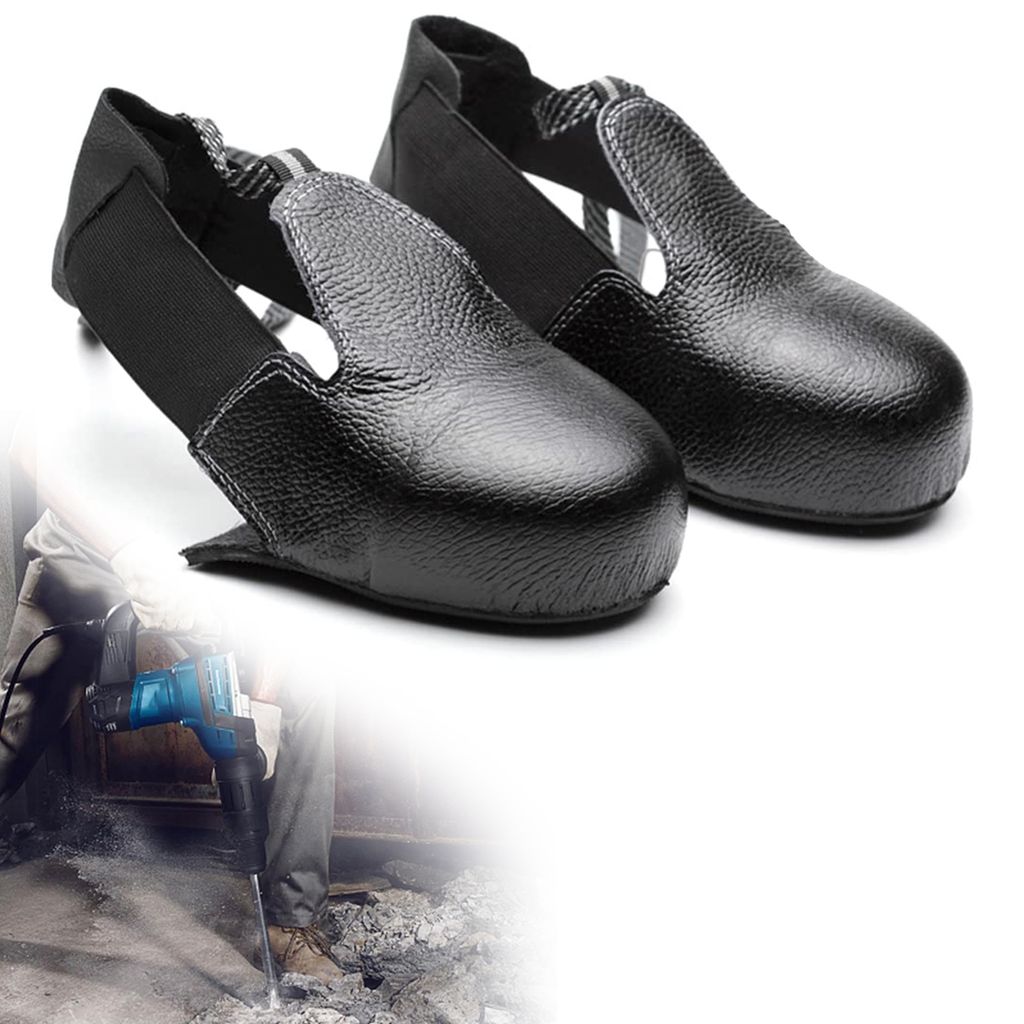 A pair of black safety shoe covers with steel toes, presented on a white background. A faded image of a person using a jackhammer is visible in the lower left corner.