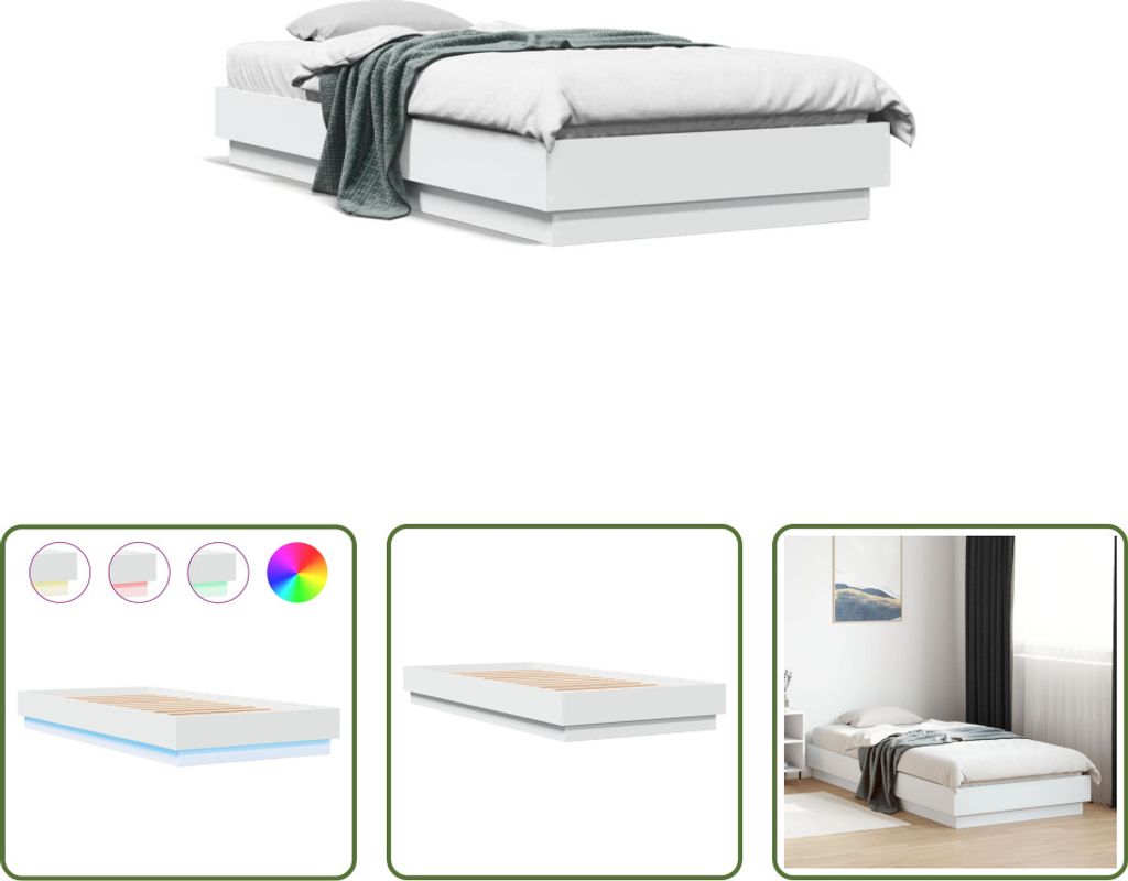 The Living Store Bettgestell mit LED-Leuchten Weiß 100x200 Produktbild 