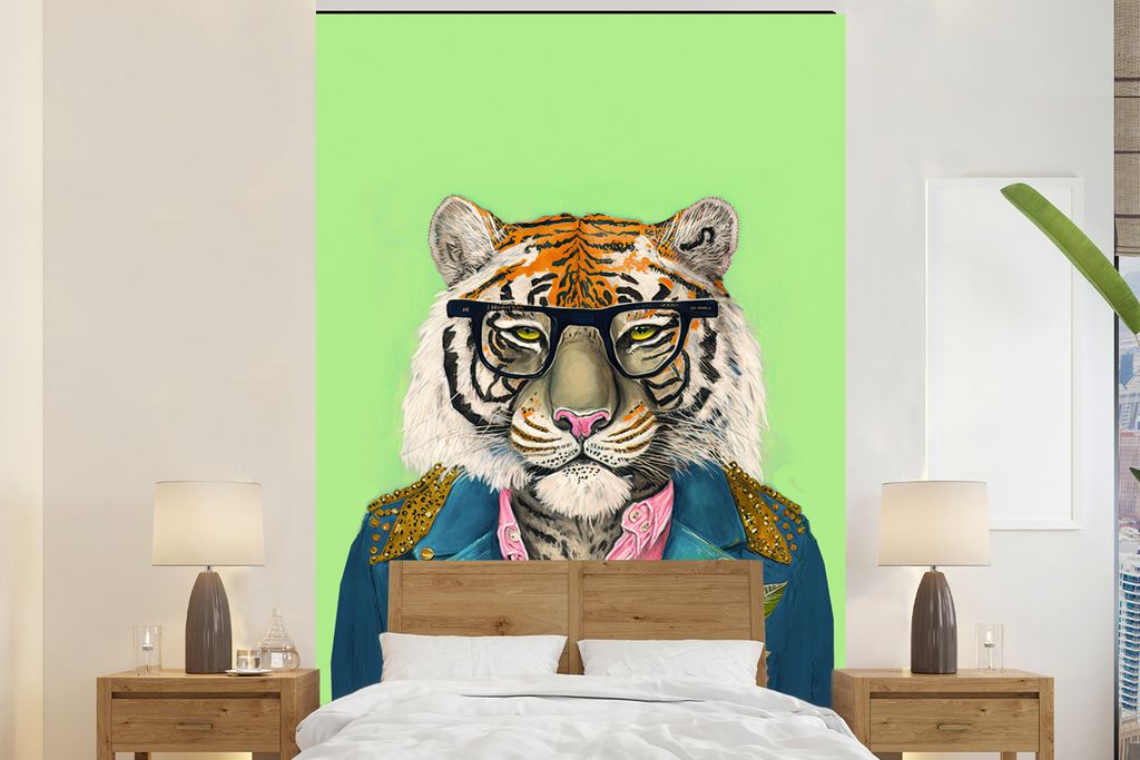 MuchoWow Fototapete für Wohnzimmer oder Schlafzimmer Wandtapete Vinyl Motivtapete Blumen - Brillen - Tiger - Tiere - Safari - 155x240 cm - Tapete