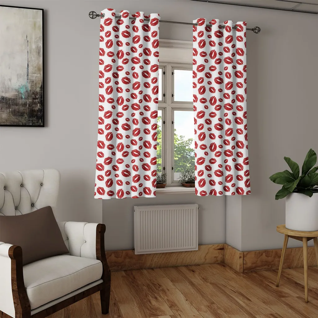 ABAKUHAUS Tenda con occhielli Kuss, "Illustrazione contemporanea in stile pop art con labbra femminili sexy, hippie urbano e San Valentino", tende decorative a 2 pannelli per finestre, 280 cm x 245 cm, rubino e bianco - 7