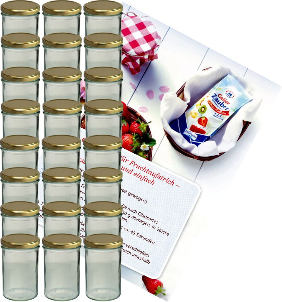 24er Set Sturzglas 435 ml Marmeladenglas Einmachglas Glas To 82 goldener Deckel incl. Rezeptheft